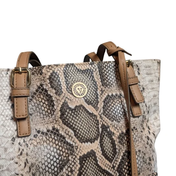 Anne Klein Snakeskin Pattern Tote Bag Matching Attached Keytag ID Tag Tan Straps - Picture 4 of 14